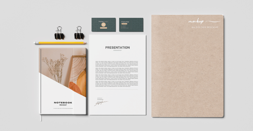 Branding mockup business cards notebook Nice Monaco marketing agency