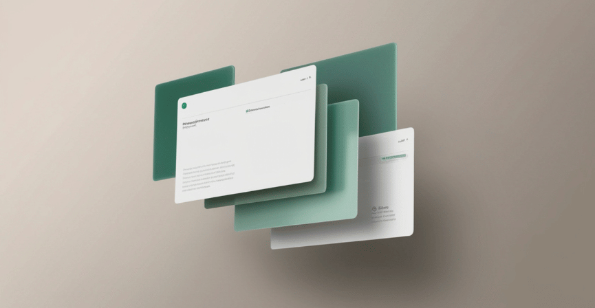 Modern 3D floating cards in green tones displaying marketing services, highlighting Nakupenda Creative's innovative digital strategies for Nice and Monaco clients.